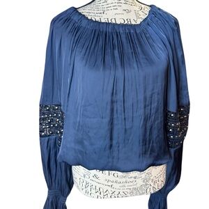 Ramy Brook Navy Blouse with Embellished Sleeves